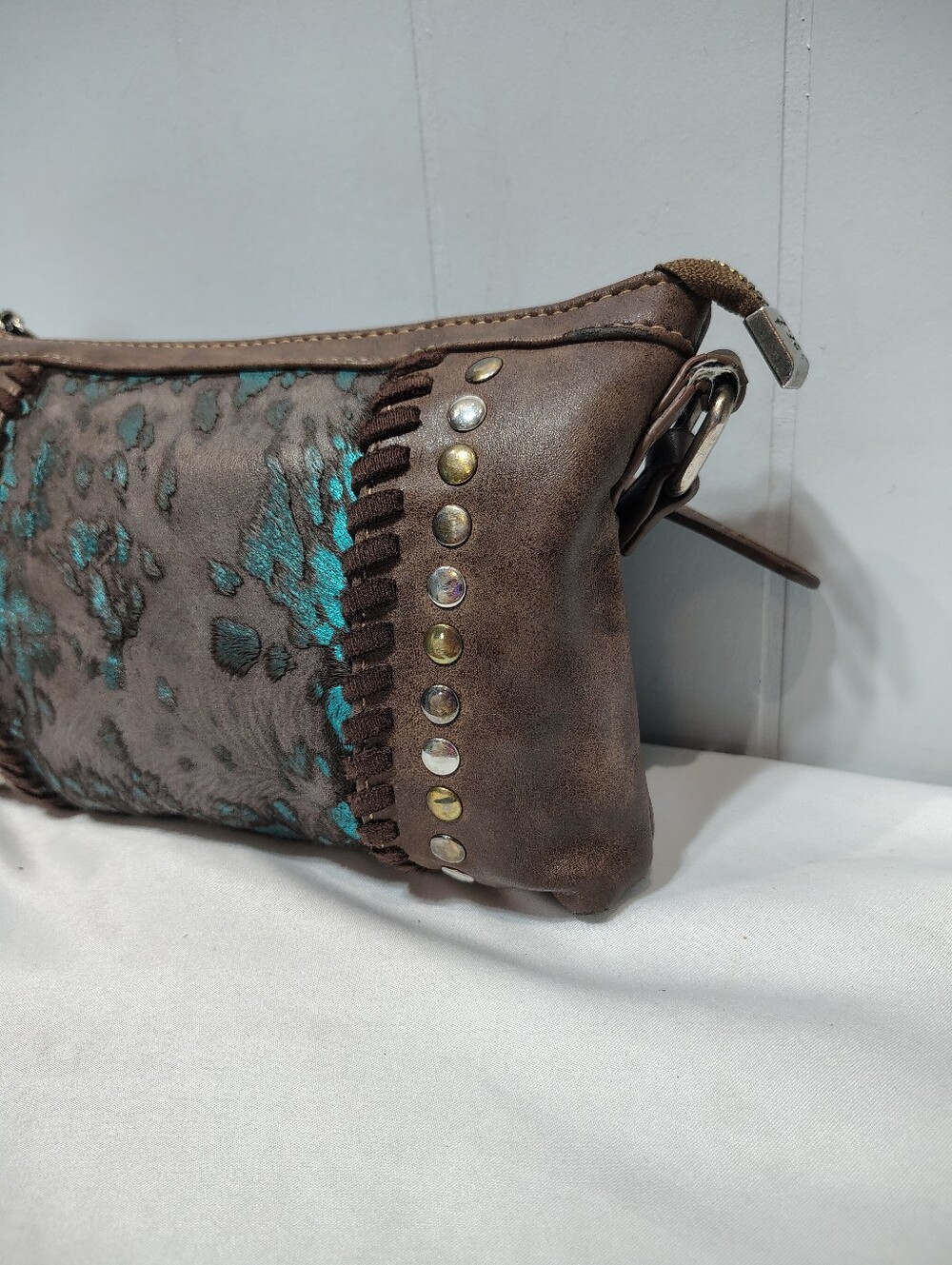 Montana West Trinity Ranch Hair on Hide Crossbody Bag Turquoise Studded Small - Picture 3 of 14